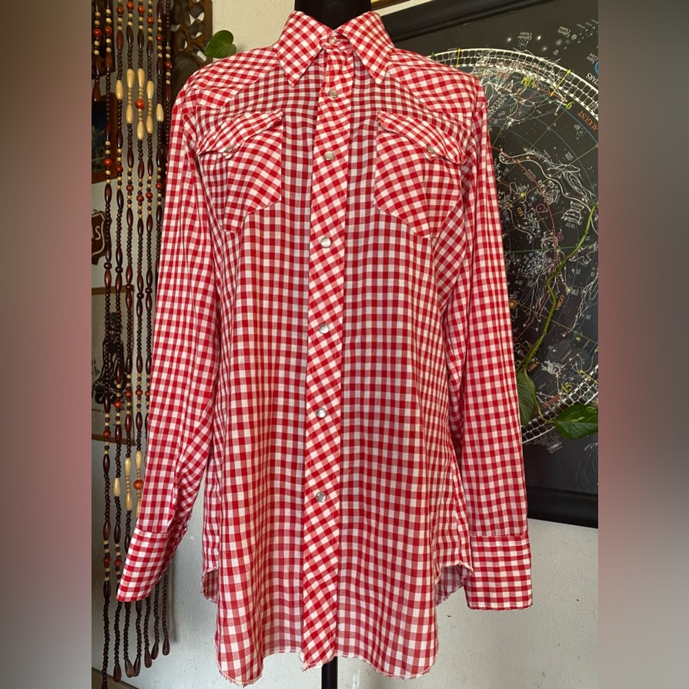 VTG 60’s H bar C Ranchwear Gingham Style Pearl Snap Button down Collared Shirt.